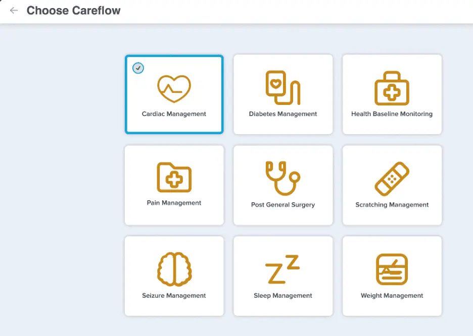 Individualized health monitoring careflows displayed on the Voyce professional veterinary dashboard