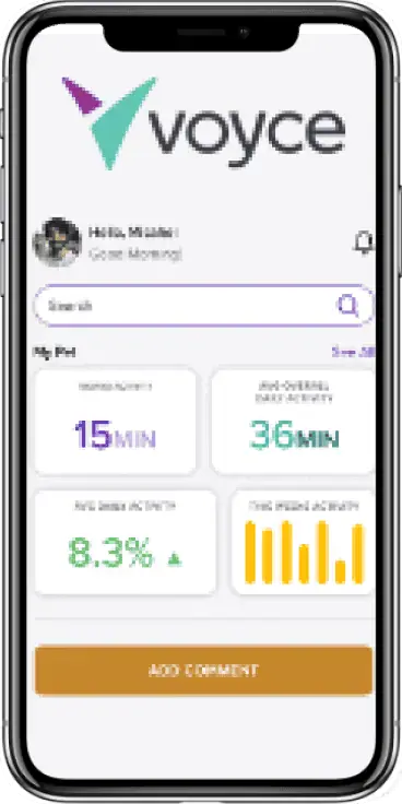 The Voyce pet owner mobile app displaying personalized health metrics.